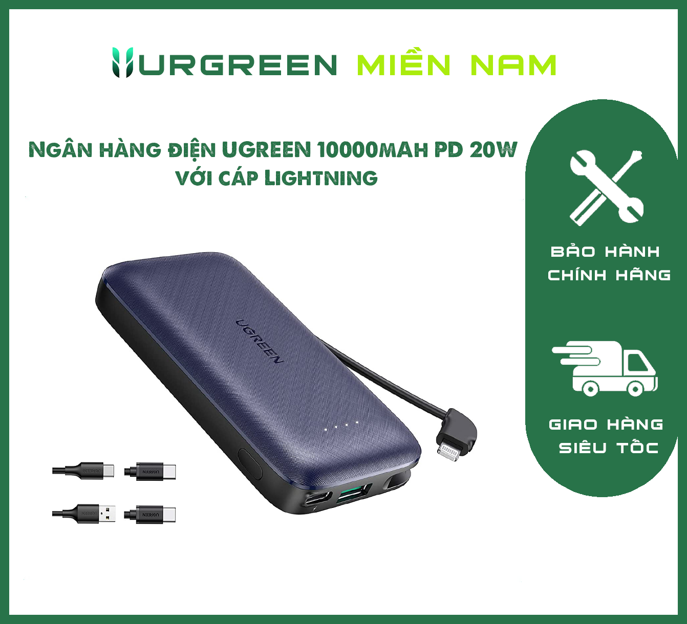 Ngân hàng điện UGREEN 10000mAh PD 20W với cáp Lightning
